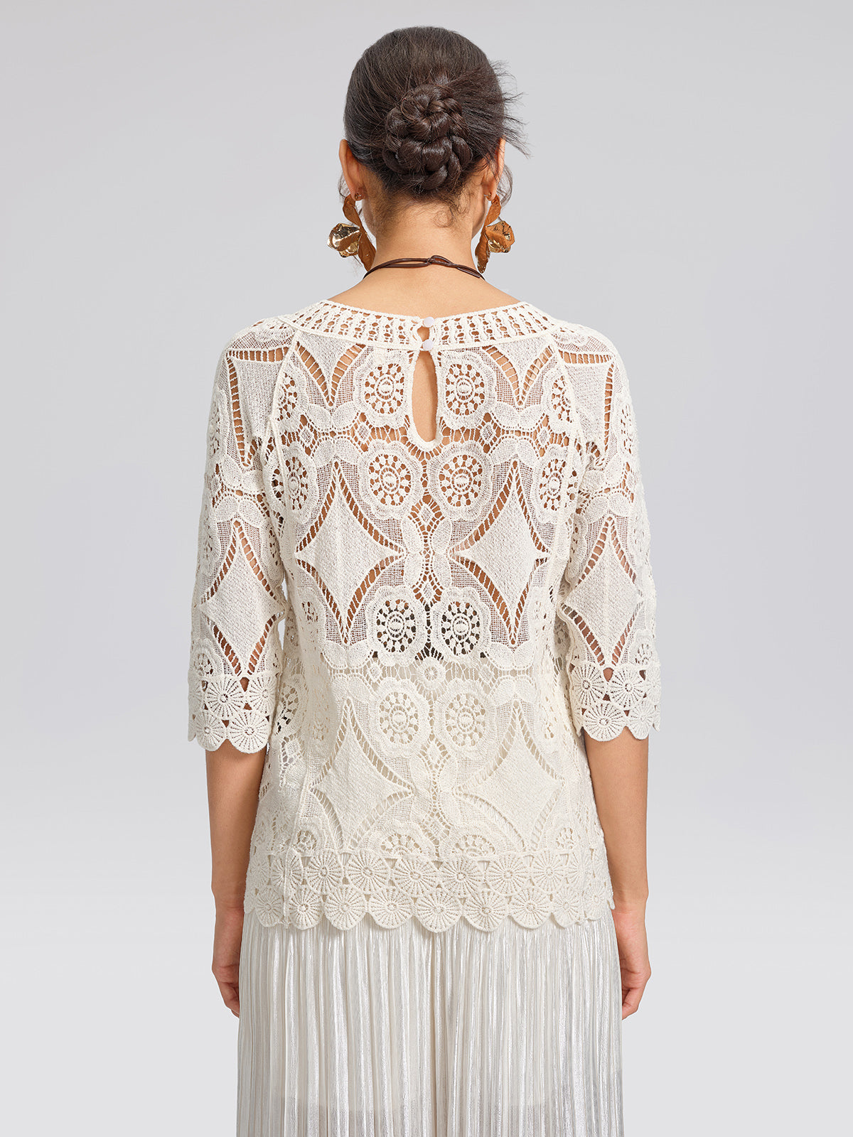 Crochet Lace Cutwork Wave Hem Flared Sleeve Top