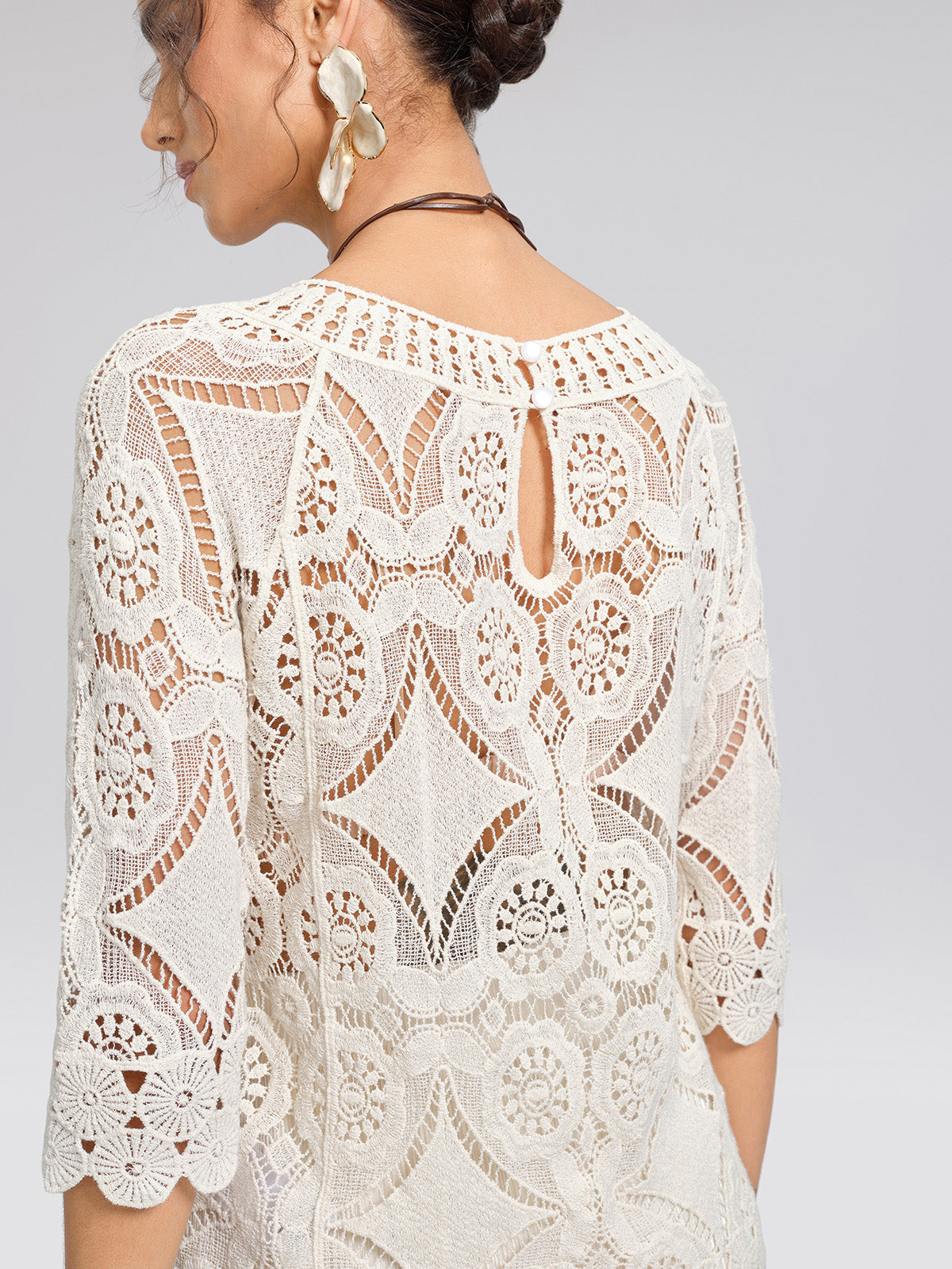 Crochet Lace Cutwork Wave Hem Flared Sleeve Top