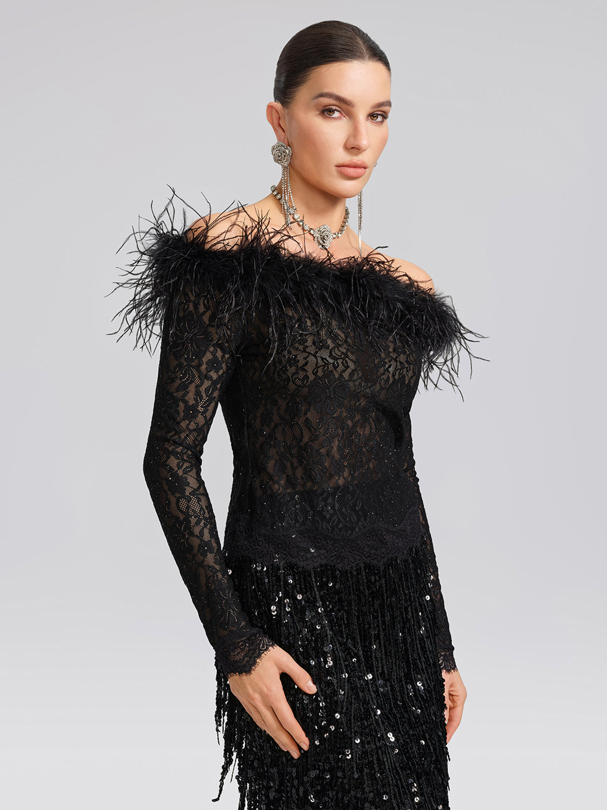 Sequin Lace Off-Shoulder Feather-Trim Top