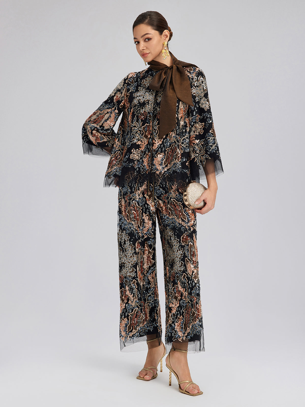 Sequin Vine Embroidered Tie-Neck Jacket