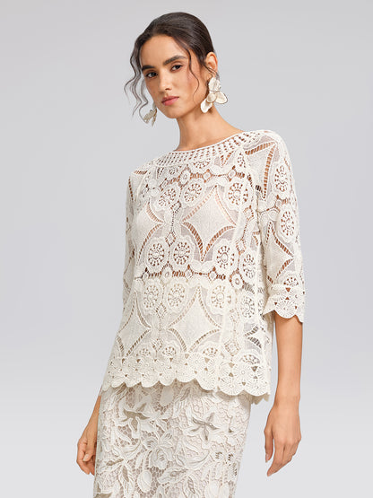 Crochet Lace Cutwork Wave Hem Flared Sleeve Top