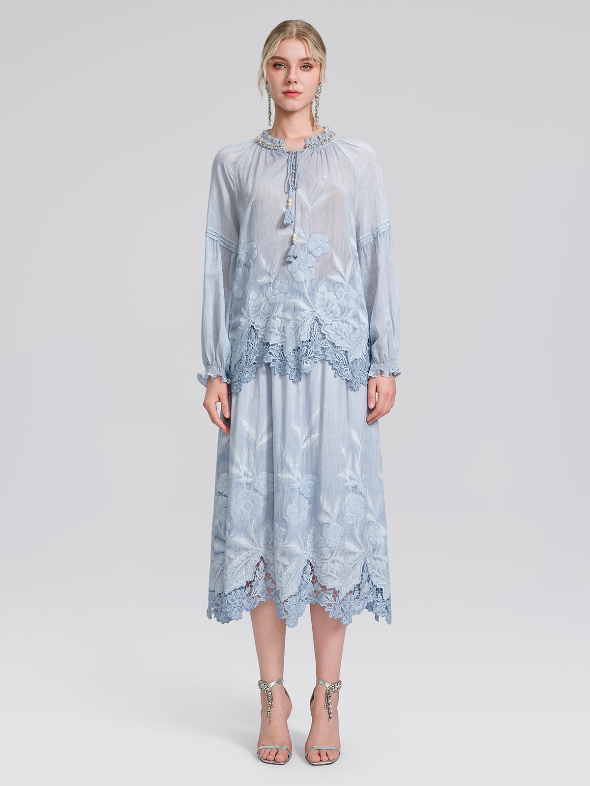Silk Cotton Embroidered Lace Trin Panel Skirt