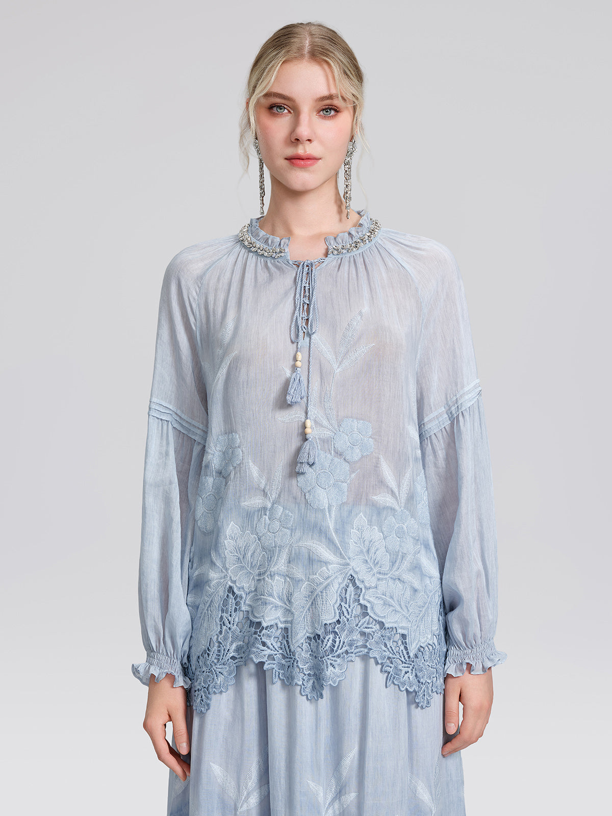 Silk Cotton Embroidered Lace Trin Beaded Blouse