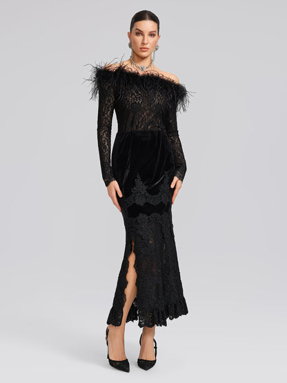 Sequin Lace Off-Shoulder Feather-Trim Top