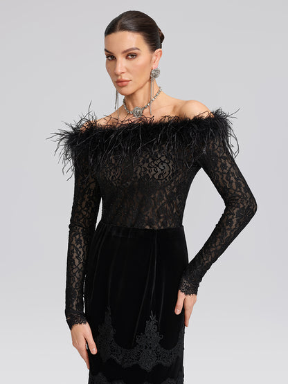 Sequin Lace Off-Shoulder Feather-Trim Top