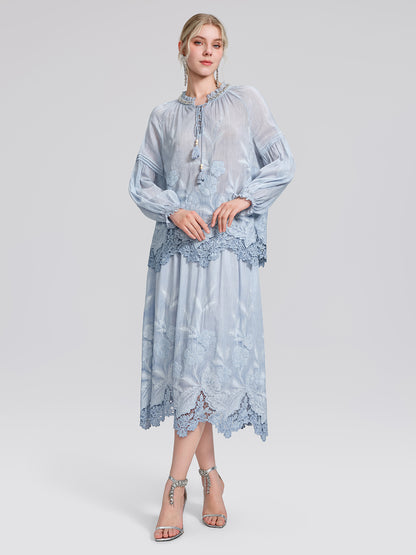 Silk Cotton Embroidered Lace Trin Panel Skirt
