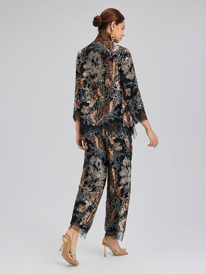 Sequin Vine Embroidered Tie-Neck Jacket