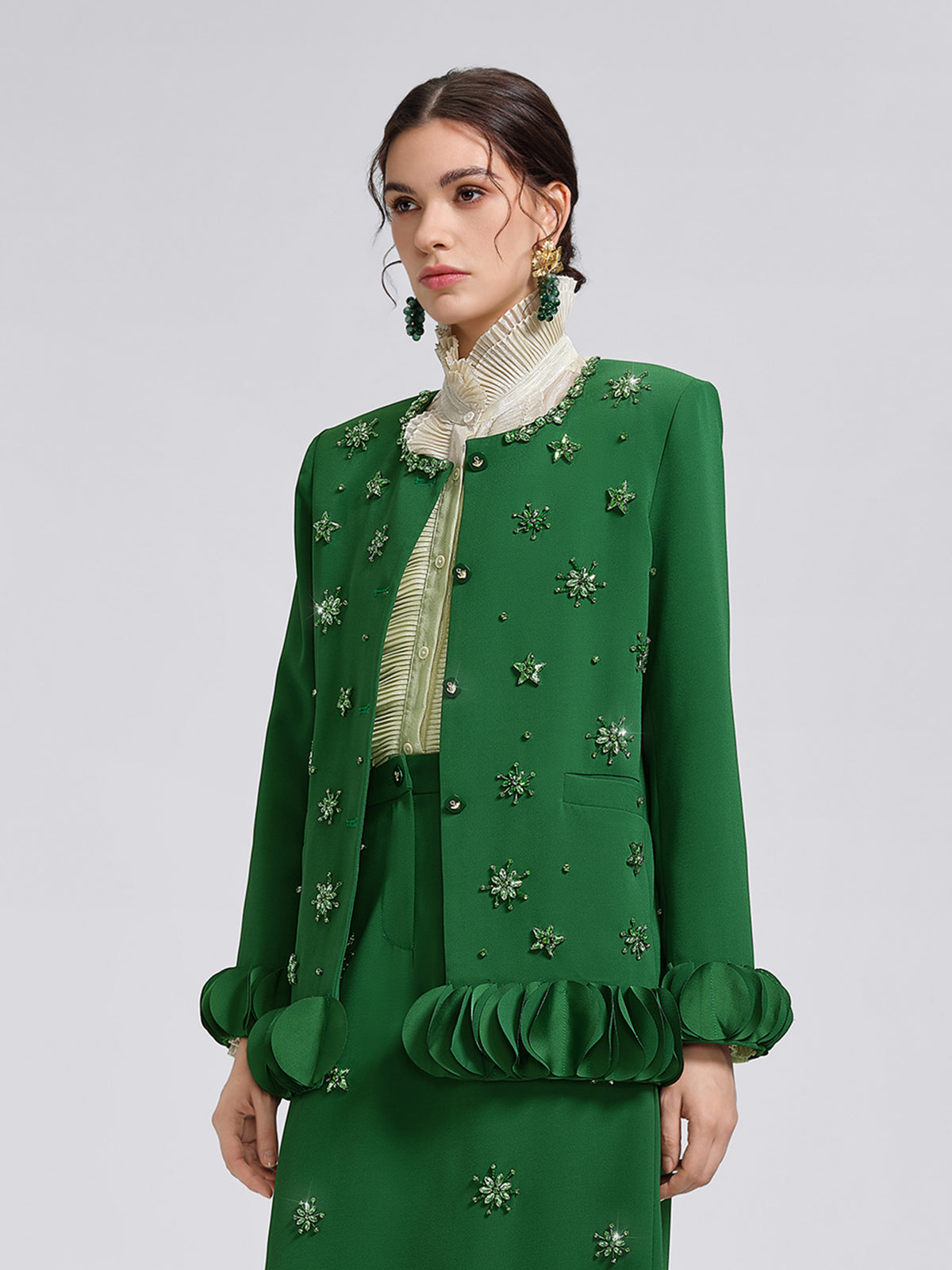 Hand-Beaded Floral Trim Jacket