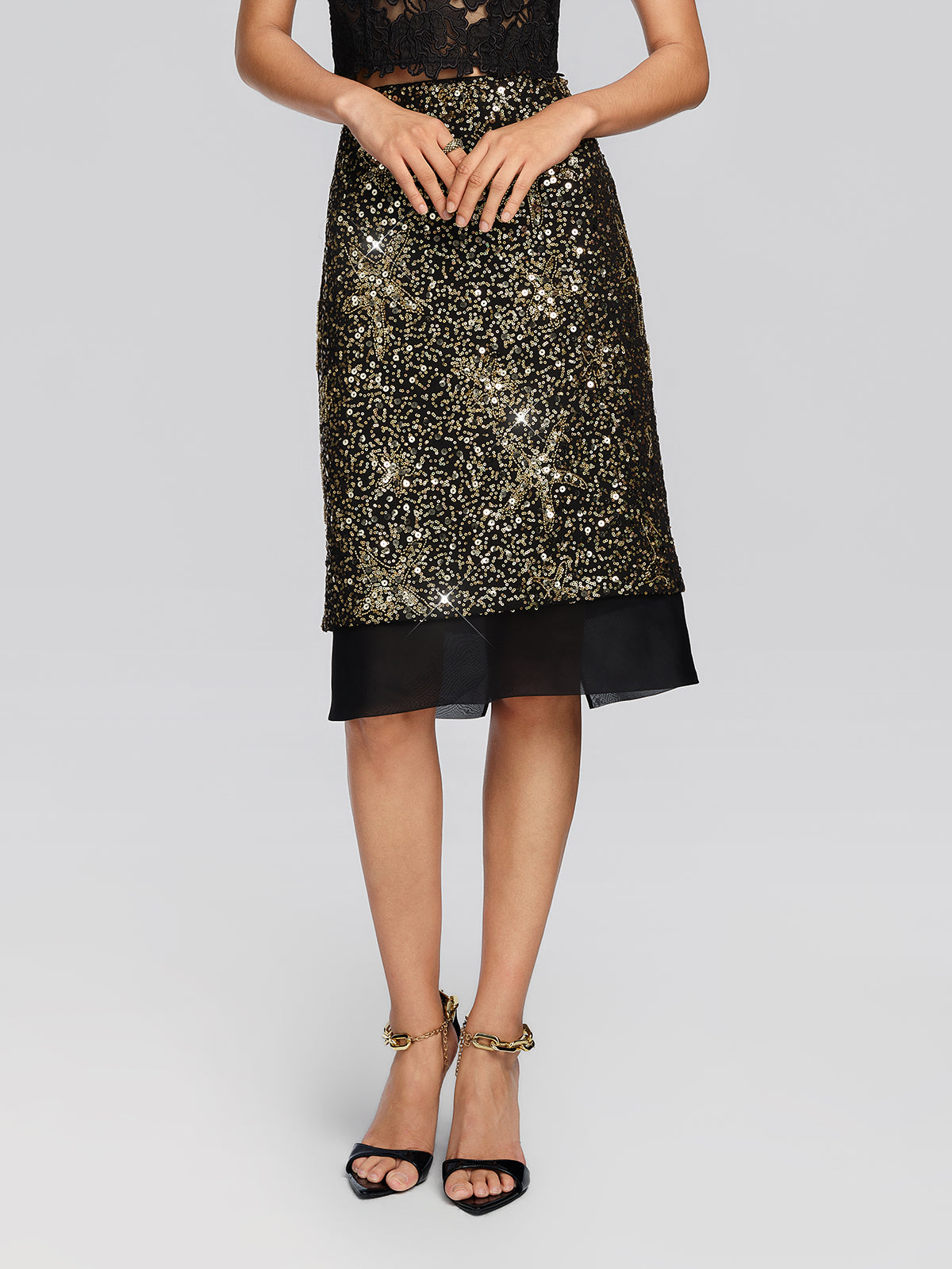 Gold Sequin Star Beaded Organza Skirt