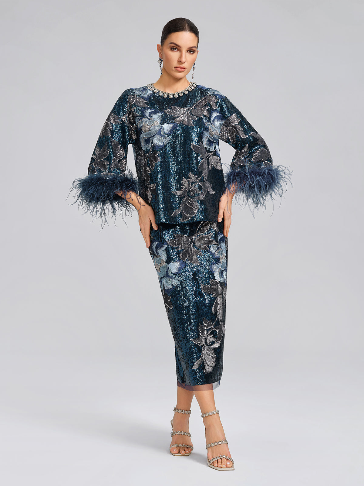 Sequin Embroidered Feather-Trim Top