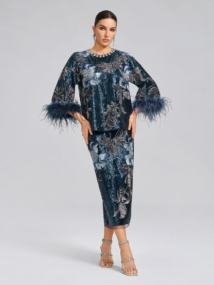 Sequin Embroidered Feather-Trim Top