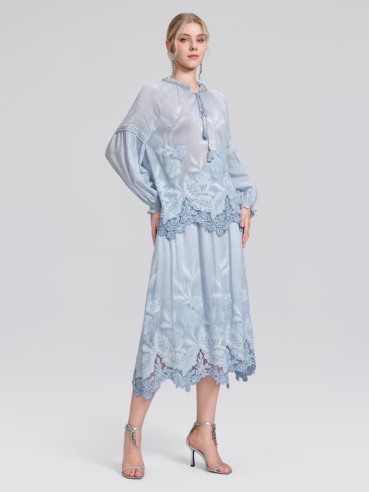 Silk Cotton Embroidered Lace Trin Panel Skirt