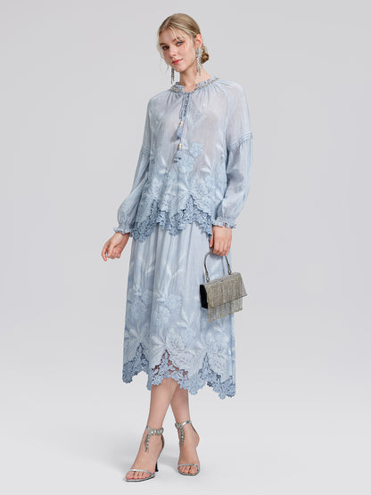 Silk Cotton Embroidered Lace Trin Panel Skirt