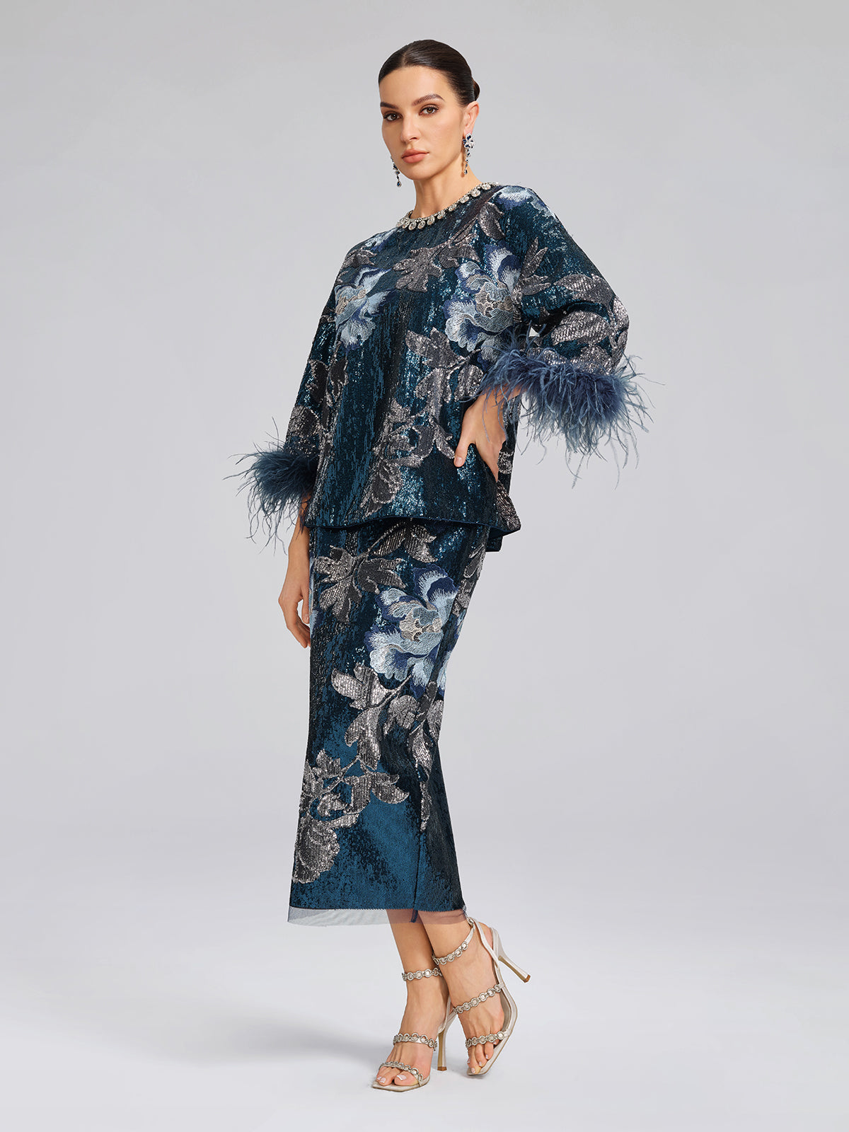 Sequin Embroidered Feather-Trim Top