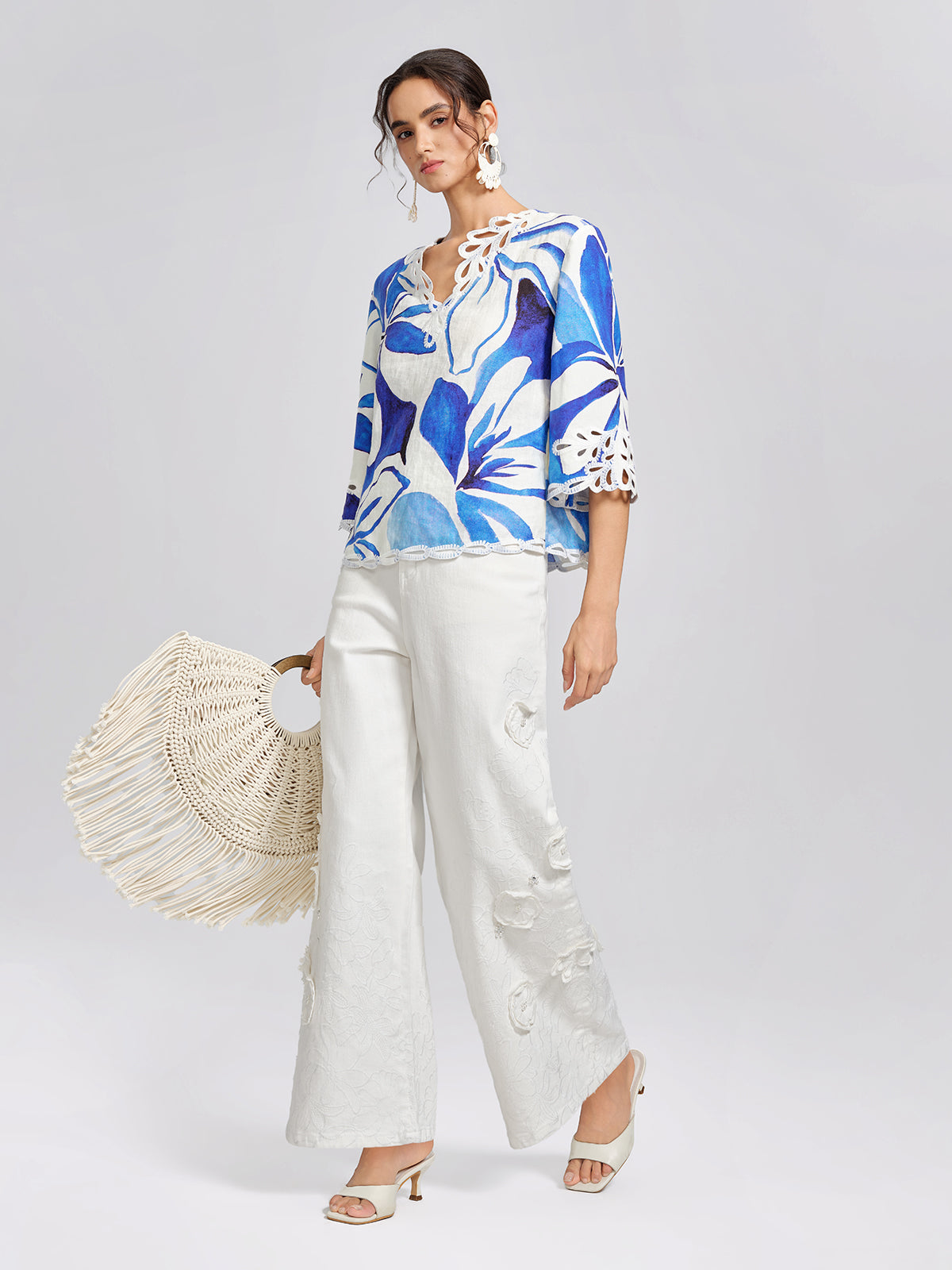 3D Floral Embroidered Beaded Wide-Leg Jeans