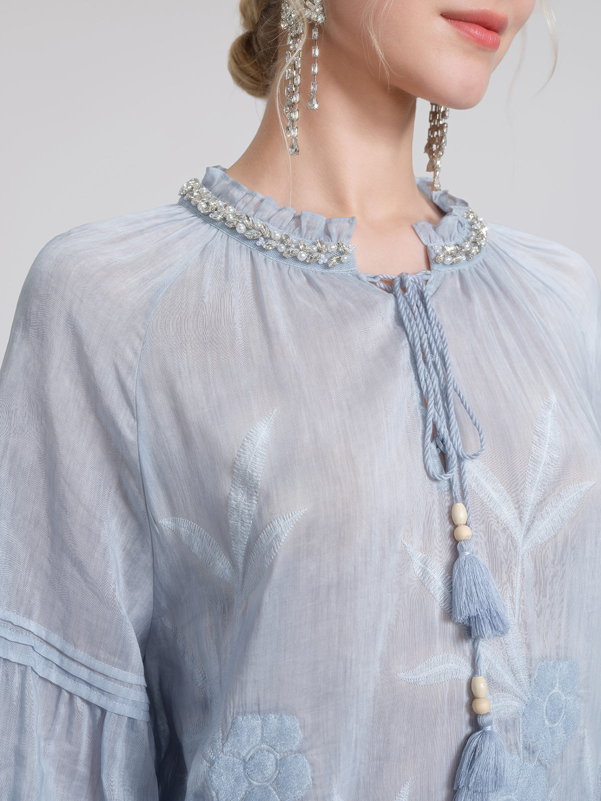 Silk Cotton Embroidered Lace Trin Beaded Blouse