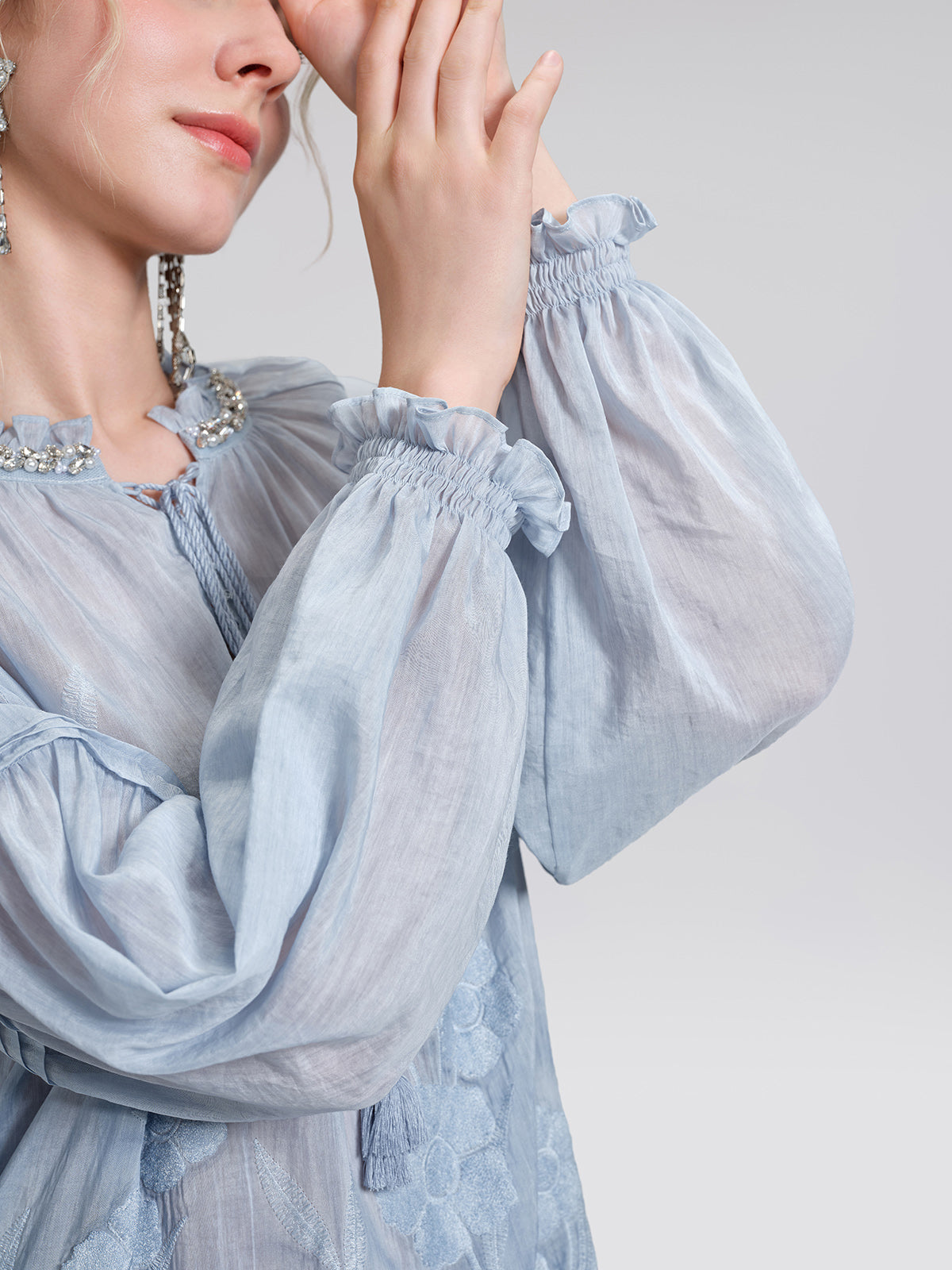 Silk Cotton Embroidered Lace Trin Beaded Blouse