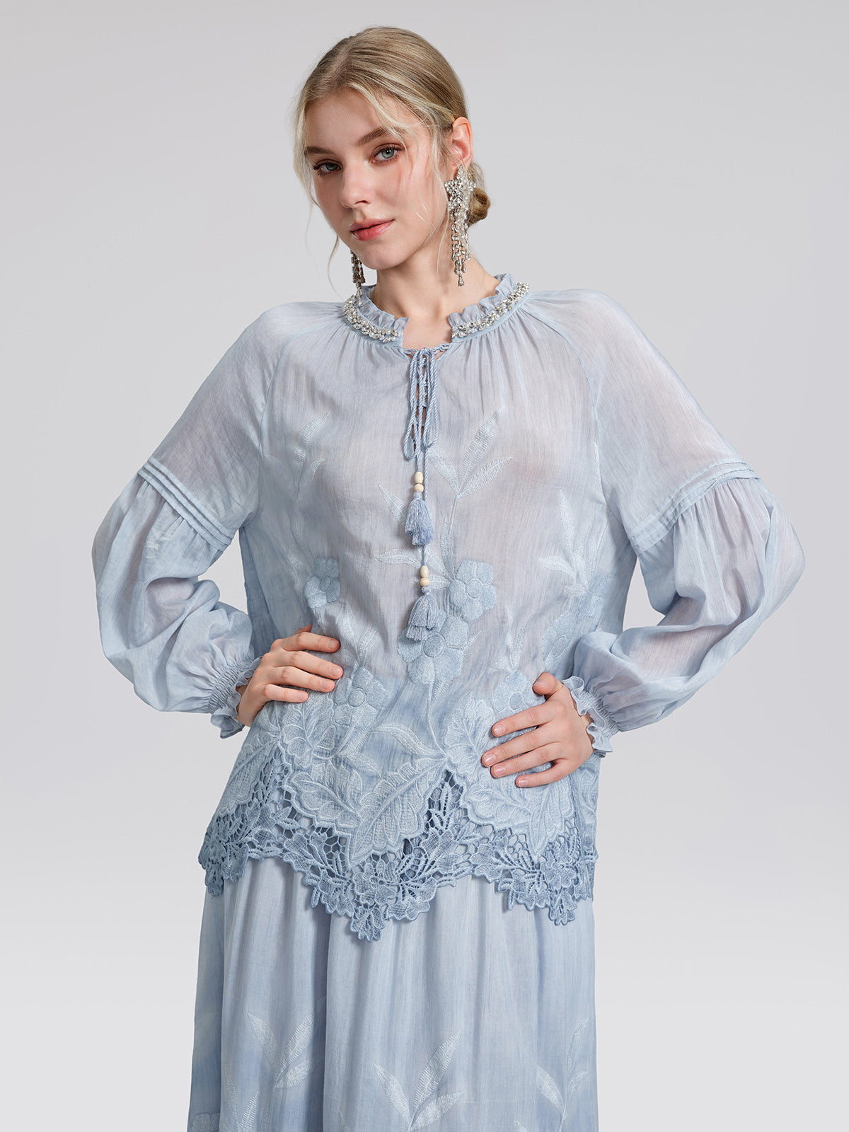 Silk Cotton Embroidered Lace Trin Beaded Blouse