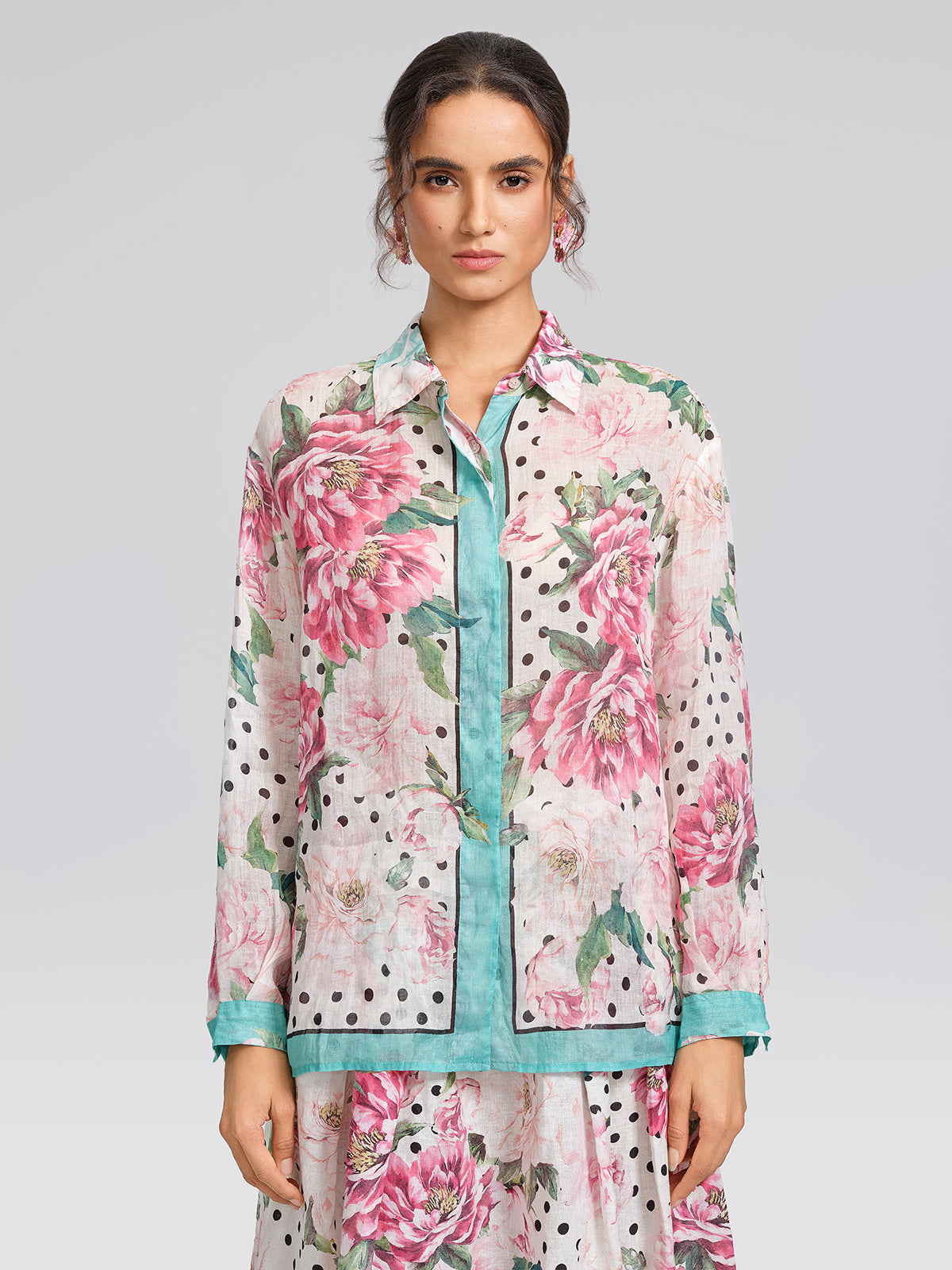 100% Ramie Peony Polka Dot Print Contrast Lapel Shirt