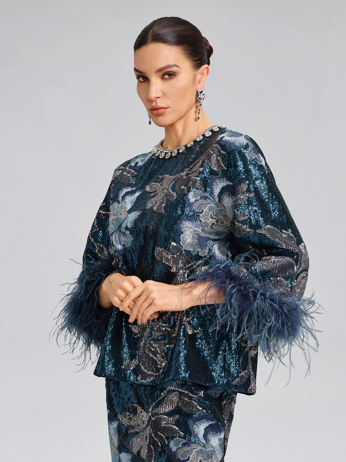 Sequin Embroidered Feather-Trim Top