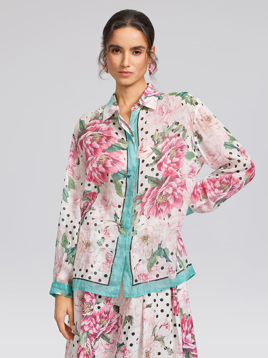 100% Ramie Peony Polka Dot Print Contrast Lapel Shirt