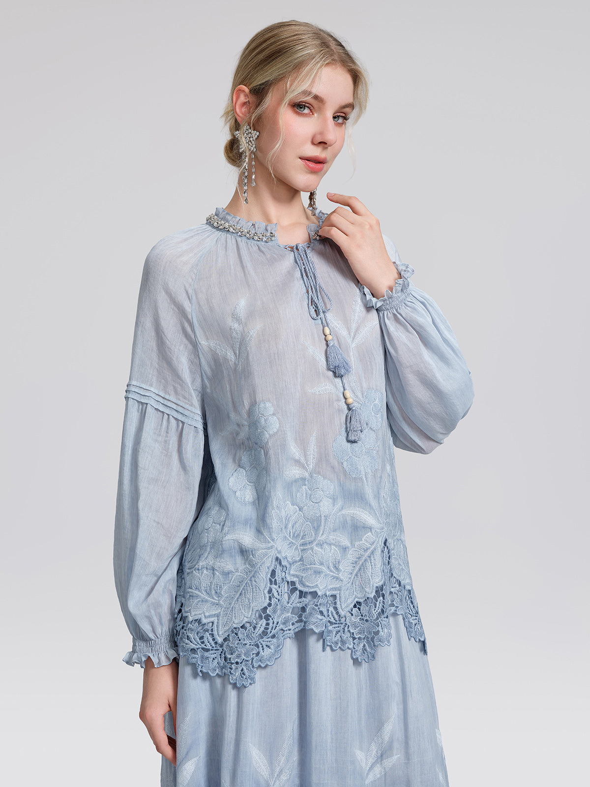 Silk Cotton Embroidered Lace Trin Beaded Blouse
