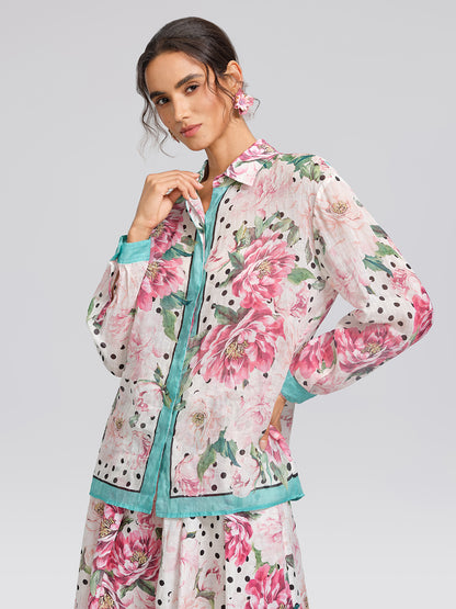 100% Ramie Peony Polka Dot Print Contrast Lapel Shirt