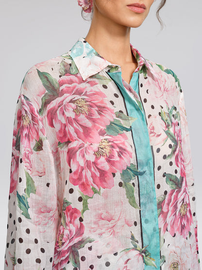 100% Ramie Peony Polka Dot Print Contrast Lapel Shirt