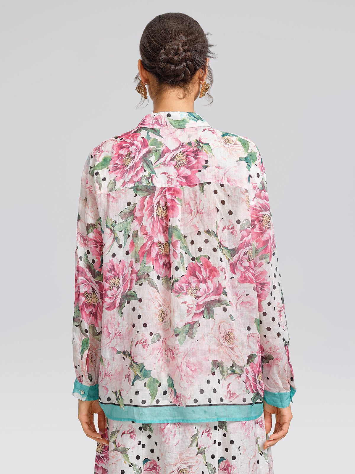 100% Ramie Peony Polka Dot Print Contrast Lapel Shirt