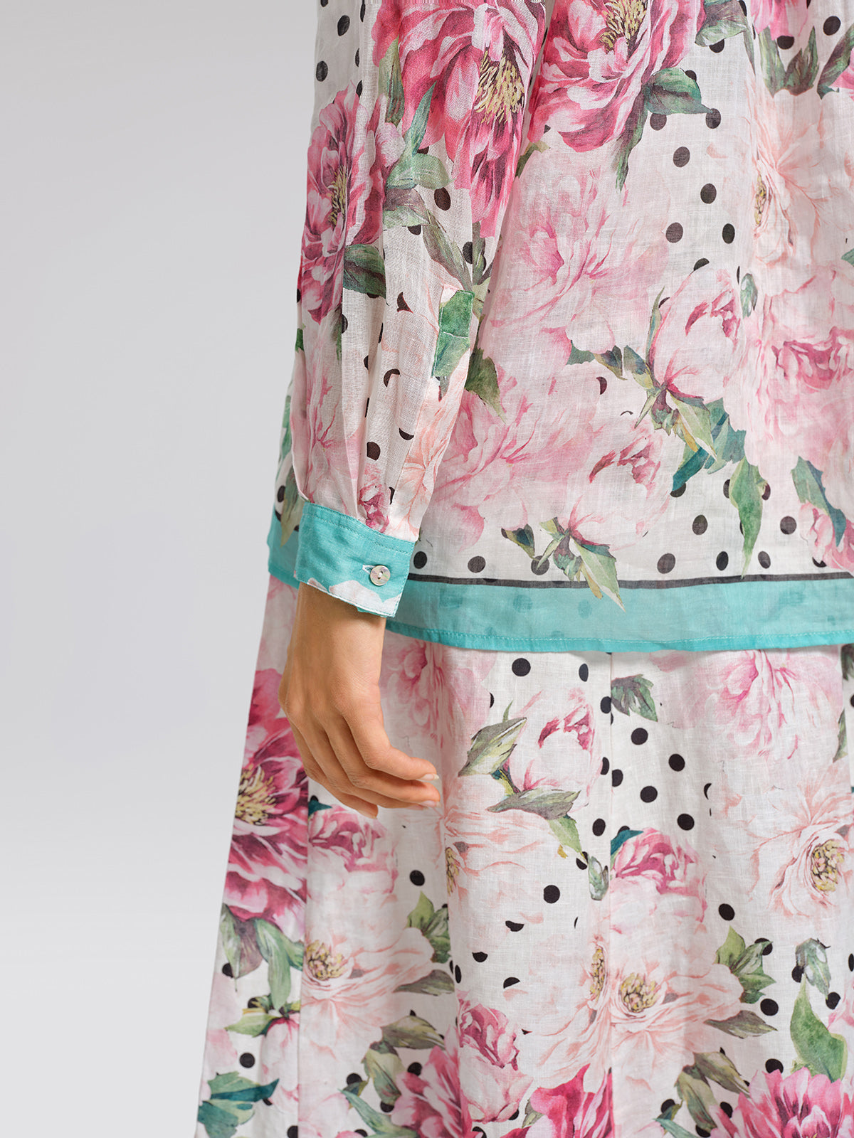 100% Ramie Peony Polka Dot Print Contrast Lapel Shirt