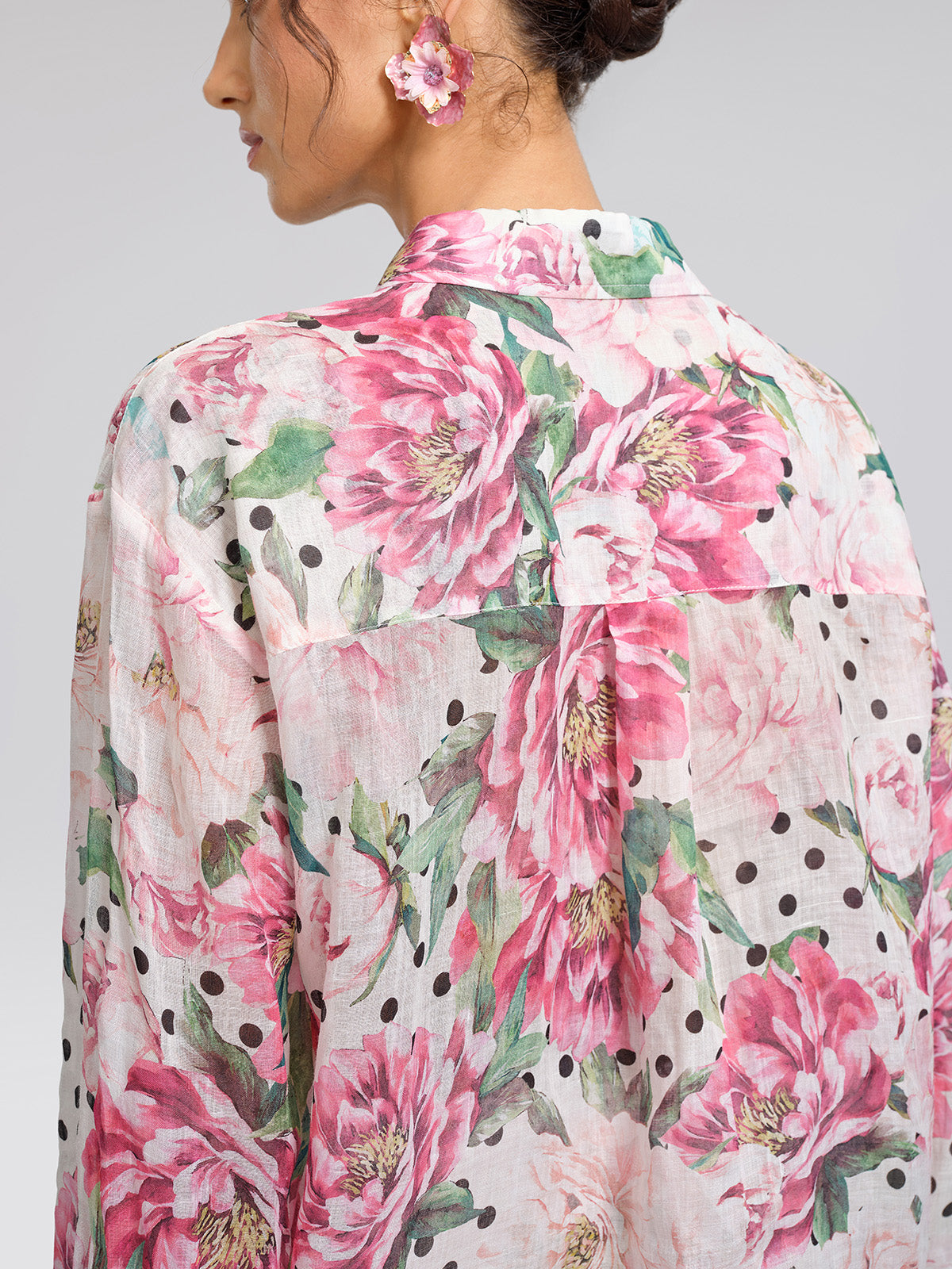 100% Ramie Peony Polka Dot Print Contrast Lapel Shirt