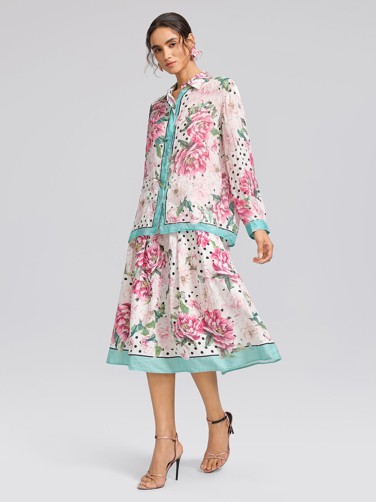 100% Ramie Peony Polka Dot Print Contrast Lapel Shirt