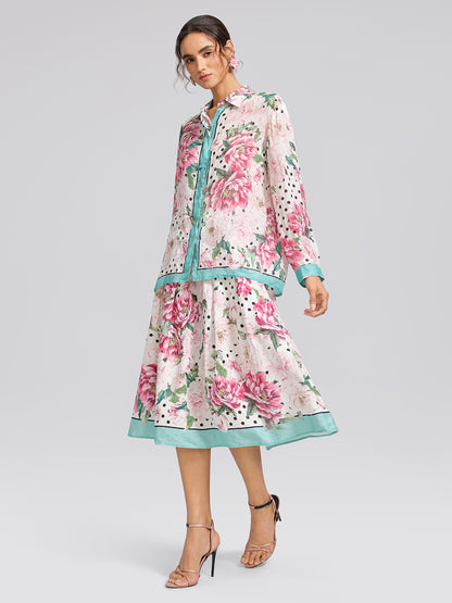 100% Ramie Peony Polka Dot Print Contrast Lapel Shirt