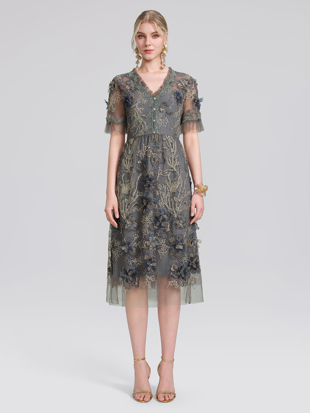 Gold Thread Embroidered Mesh Lace V-Neck Ruffle Sleeve Dress