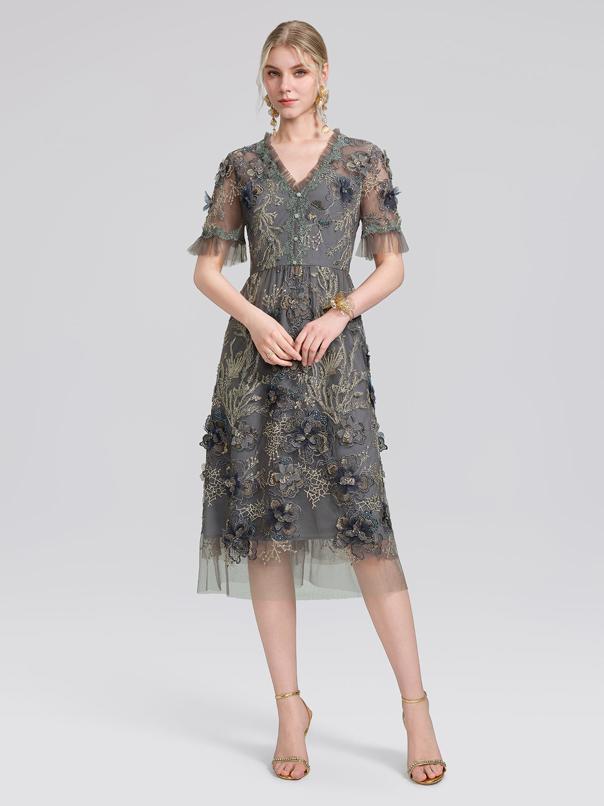 Gold Thread Embroidered Mesh Lace V-Neck Ruffle Sleeve Dress