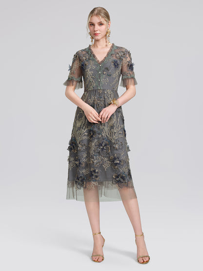 Gold Thread Embroidered Mesh Lace V-Neck Ruffle Sleeve Dress