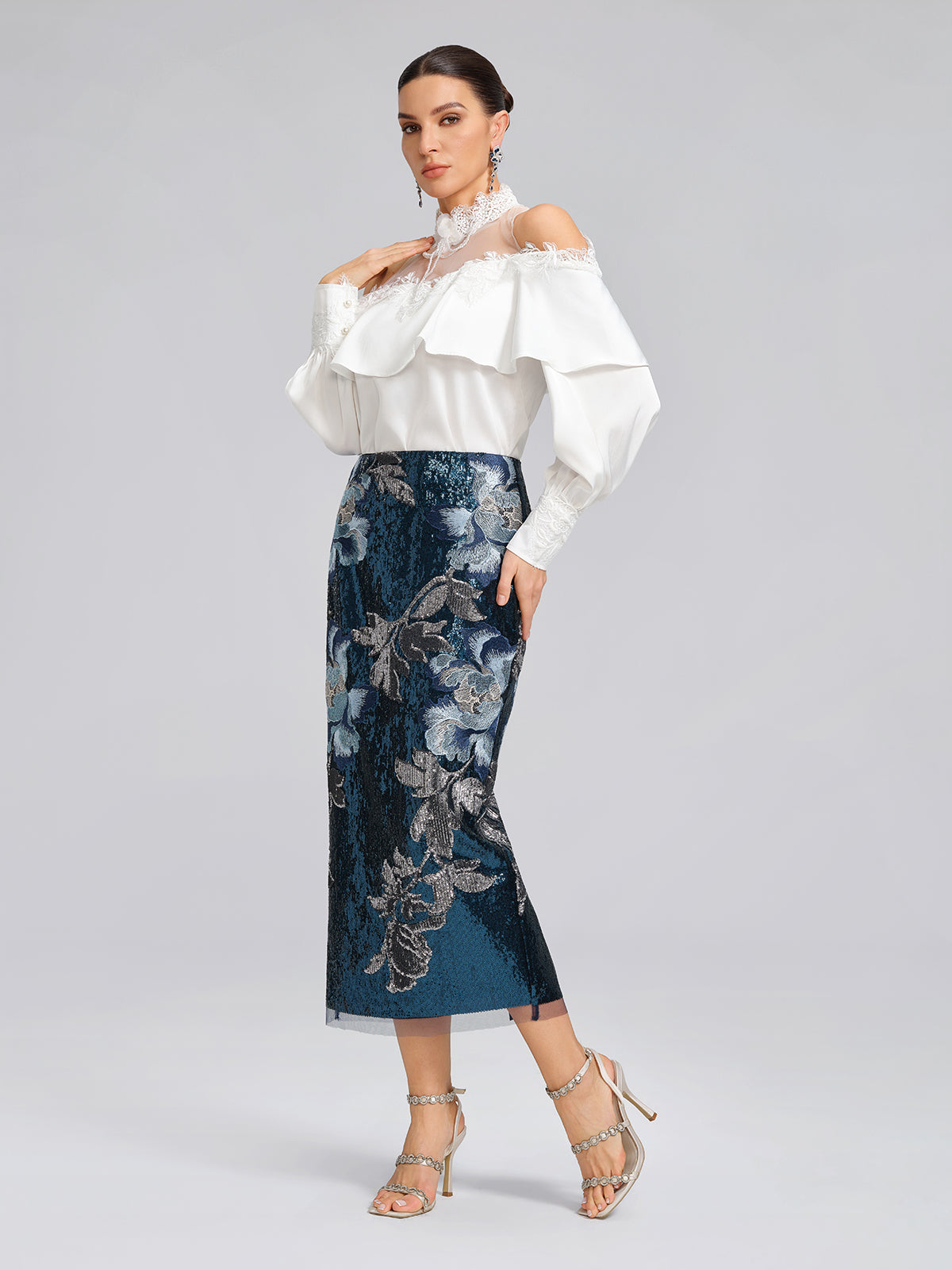 Sequin Embroidered Floral Skirt