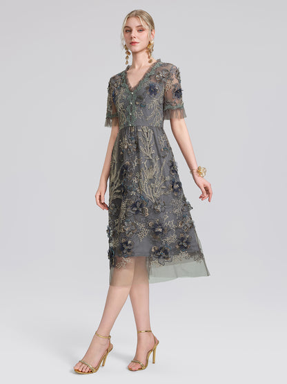 Gold Thread Embroidered Mesh Lace V-Neck Ruffle Sleeve Dress