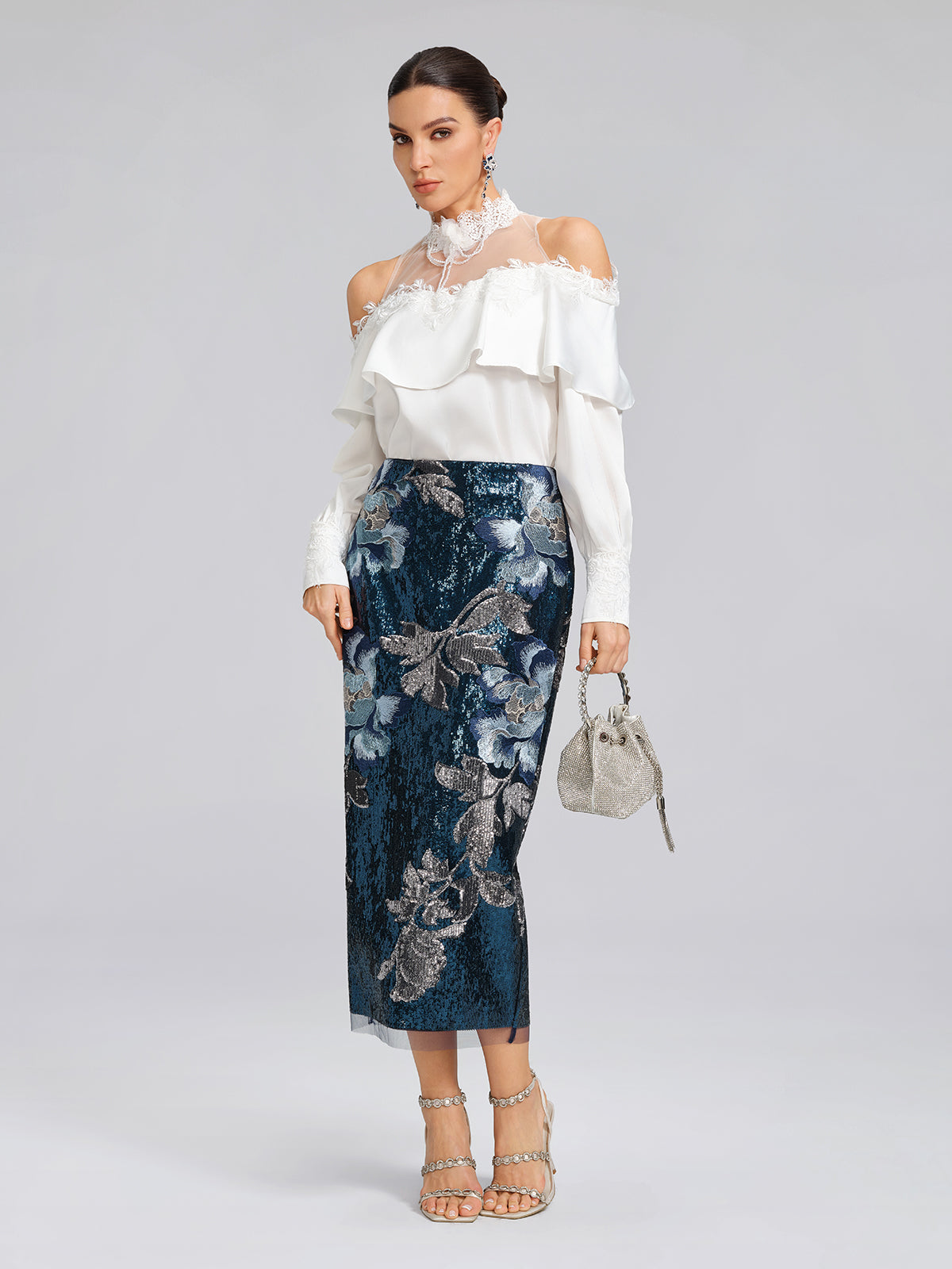 Sequin Embroidered Floral Skirt
