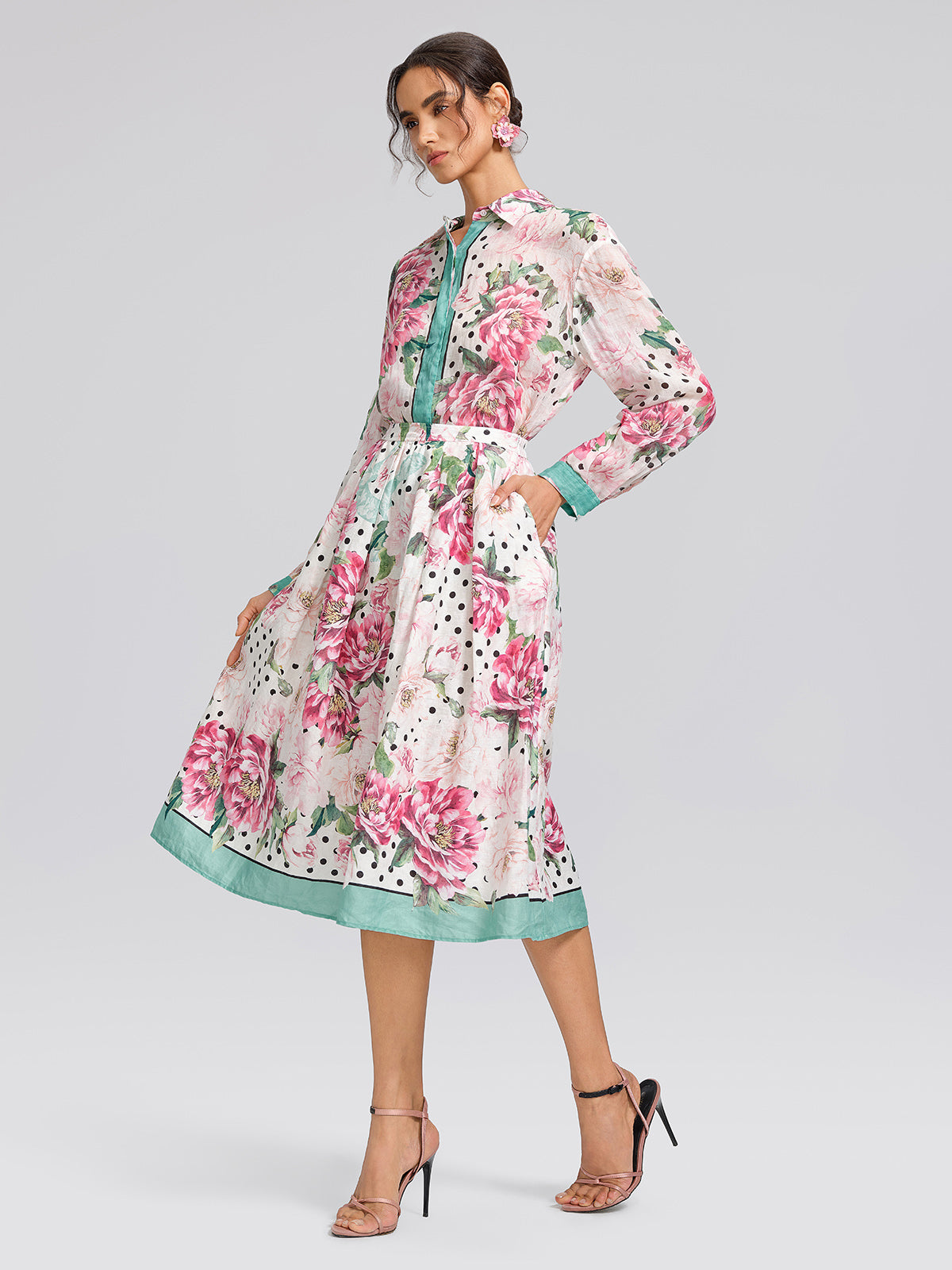 100% Linen Peony Polka Dot Print A-Line Flare Skirt