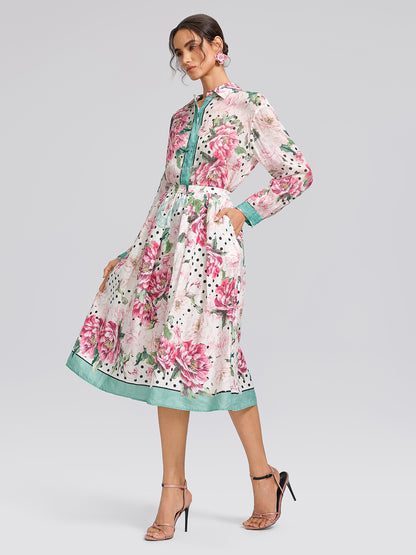 100% Linen Peony Polka Dot Print A-Line Flare Skirt