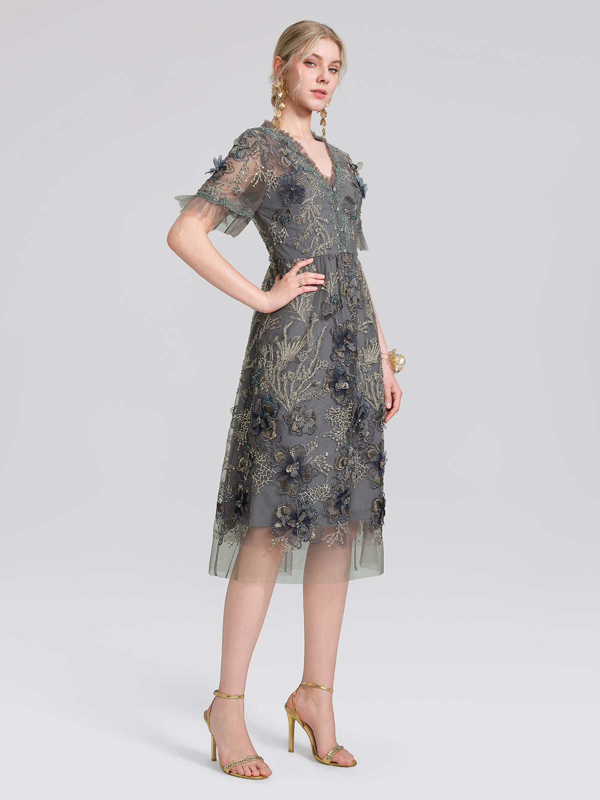 Gold Thread Embroidered Mesh Lace V-Neck Ruffle Sleeve Dress