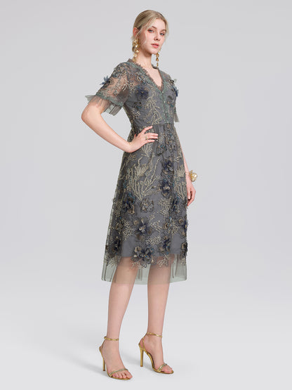 Gold Thread Embroidered Mesh Lace V-Neck Ruffle Sleeve Dress