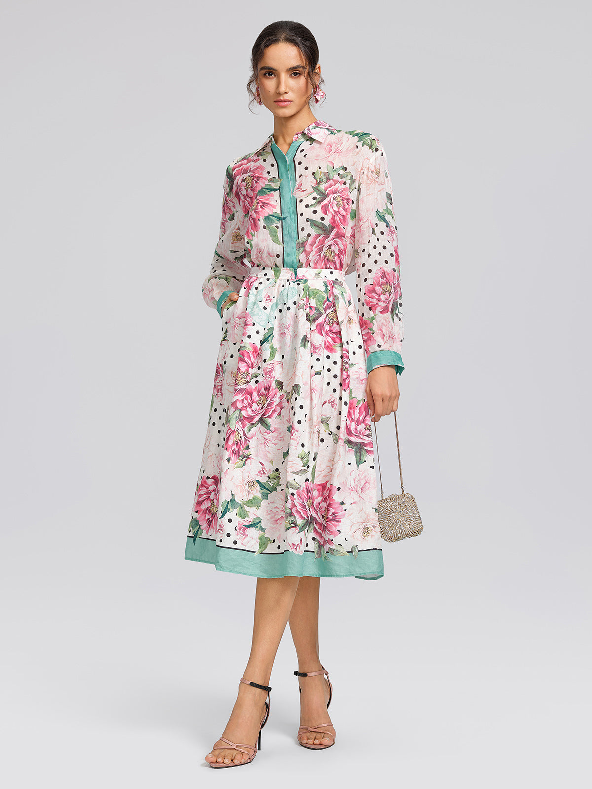 100% Ramie Peony Polka Dot Print Contrast Lapel Shirt