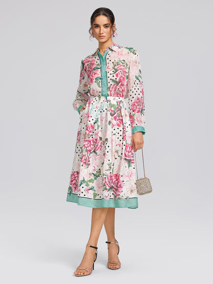 100% Ramie Peony Polka Dot Print Contrast Lapel Shirt
