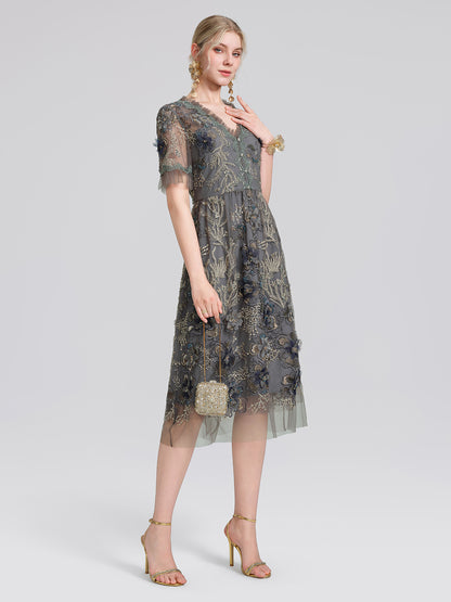 Gold Thread Embroidered Mesh Lace V-Neck Ruffle Sleeve Dress