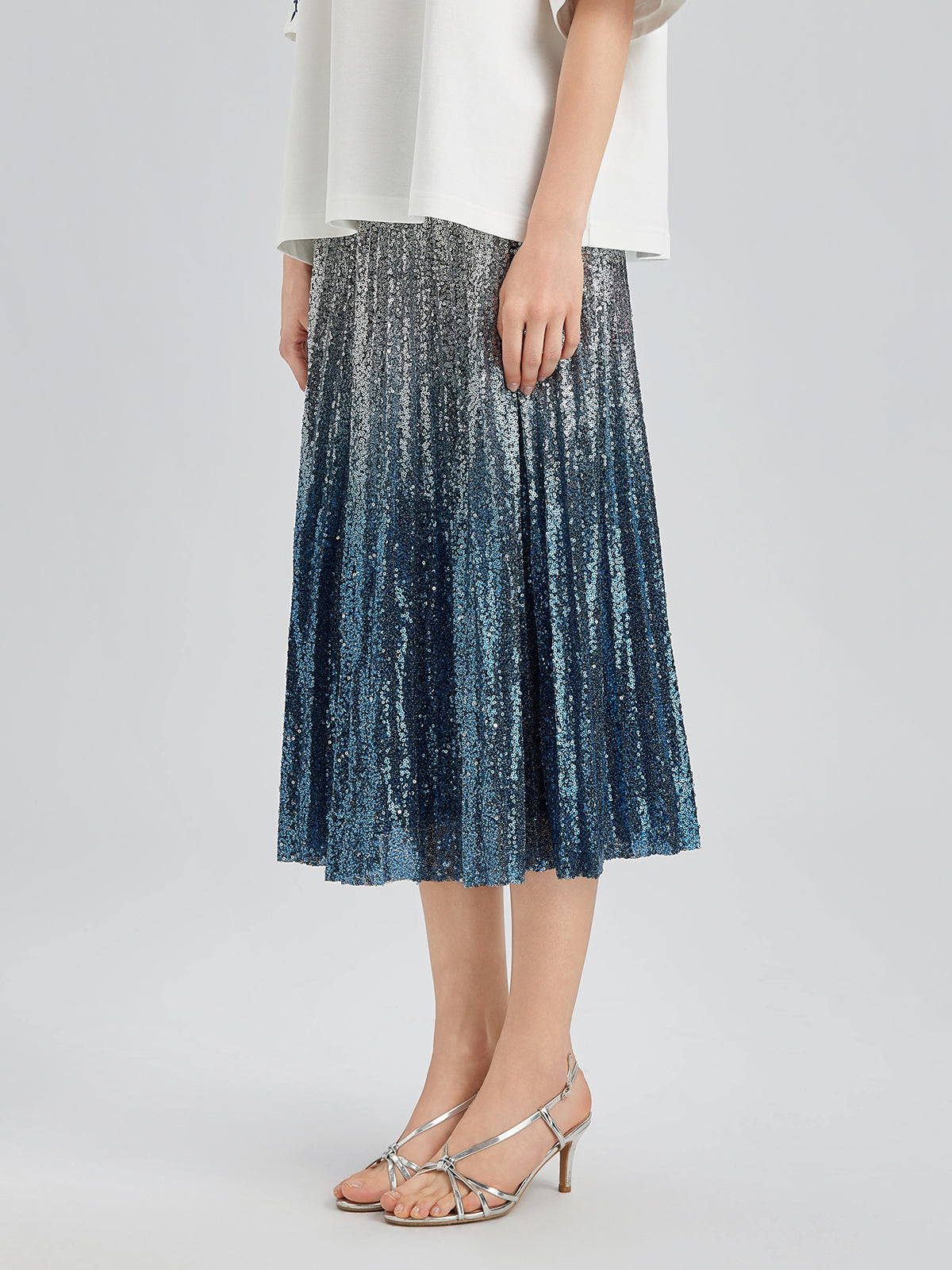 Ombre Sequin Pleated Midi Skirt