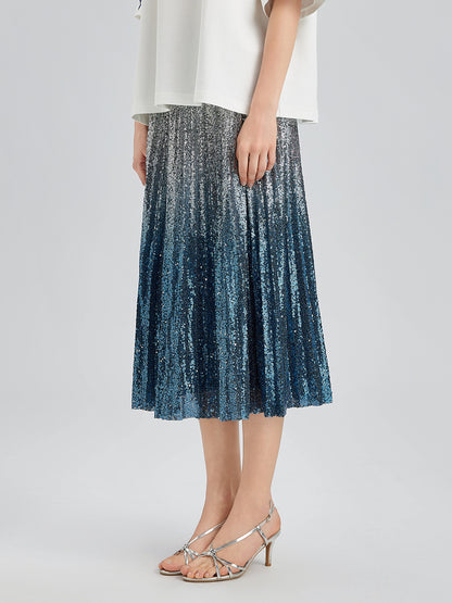 Ombre Sequin Pleated Midi Skirt