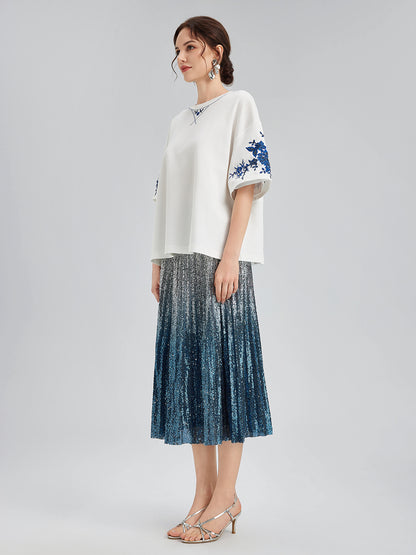 Ombre Sequin Pleated Midi Skirt
