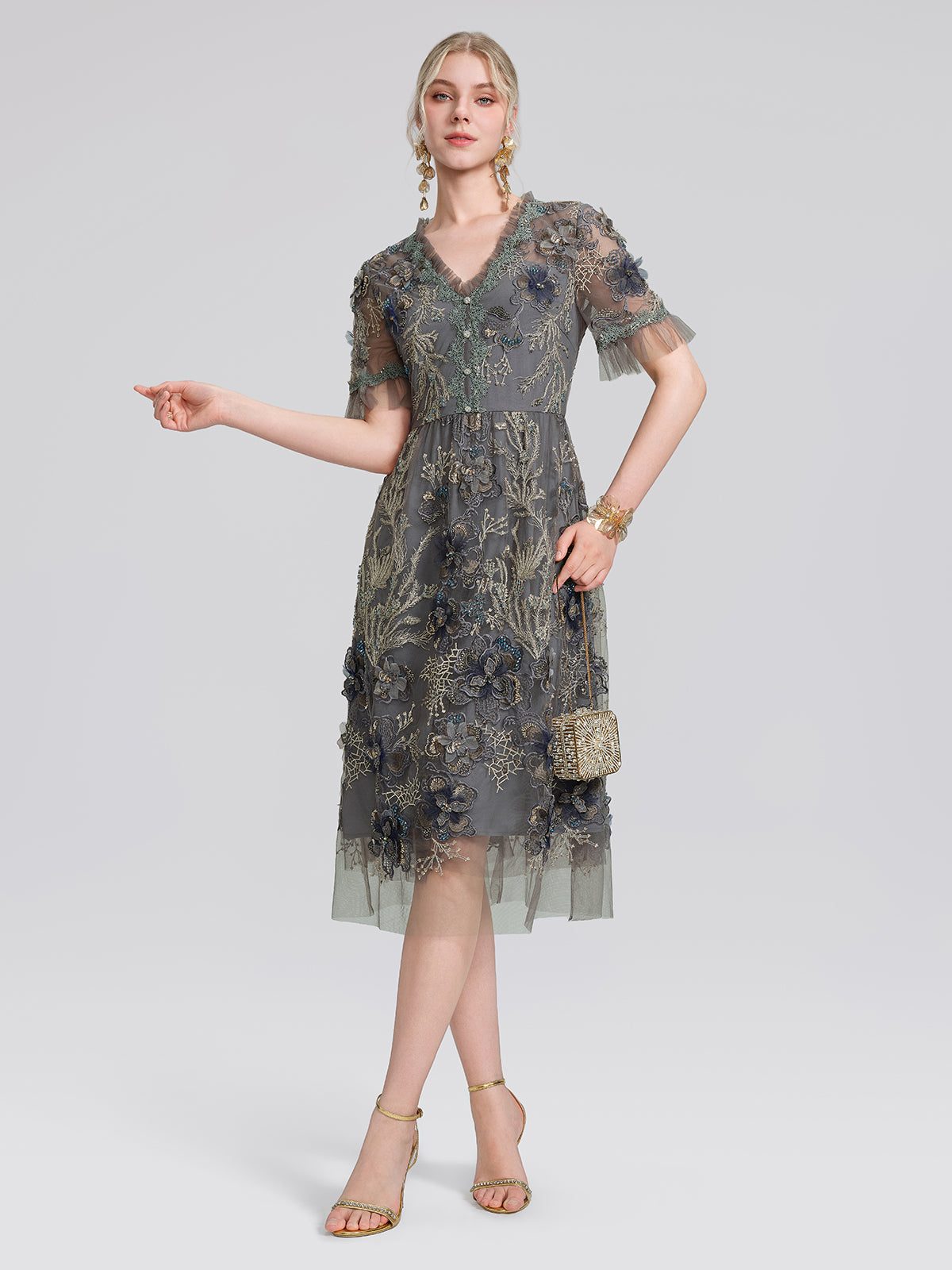 Gold Thread Embroidered Mesh Dress